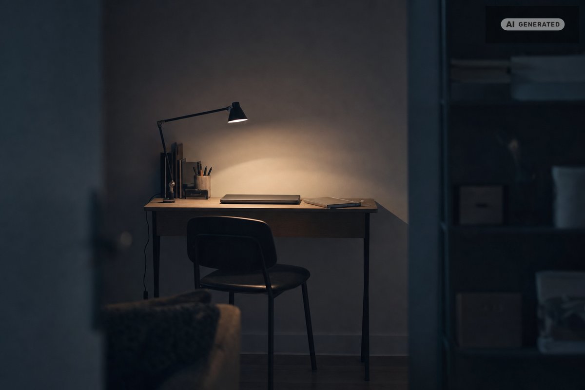Un bureau étroit éclairé par une lampe articulée dans une pièce sombre, une chaise vide devant, des étagères sur le côté (image générée par IA)