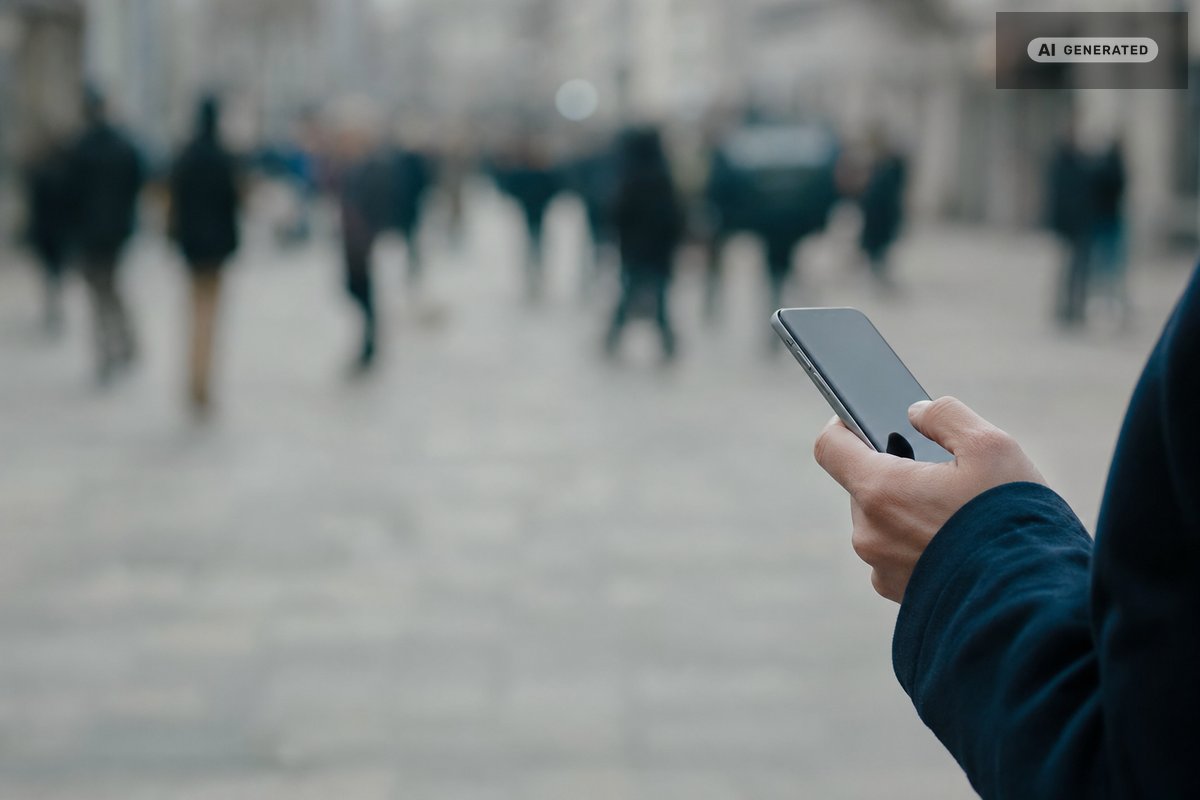 Une main tenant un téléphone dont l’écran est incliné hors de vue, devant une rue piétonne floue où passent des silhouettes (image générée par IA)