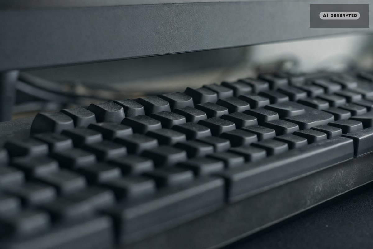 Un clavier d’ordinateur vu de très près en contre-plongée, les touches poussiéreuses, le bord inférieur d’un moniteur au-dessus (image générée par IA)
