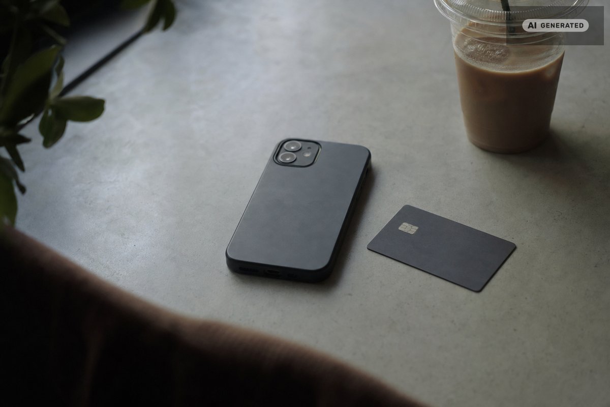 A phone turned face down on a pale concrete surface next to a dark bank card and a plastic cup of iced coffee (AI-generated image)