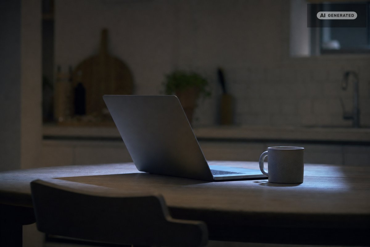 A laptop open on a kitchen table in low light, its cool glow falling on the wood, a mug to the right (AI-generated image)