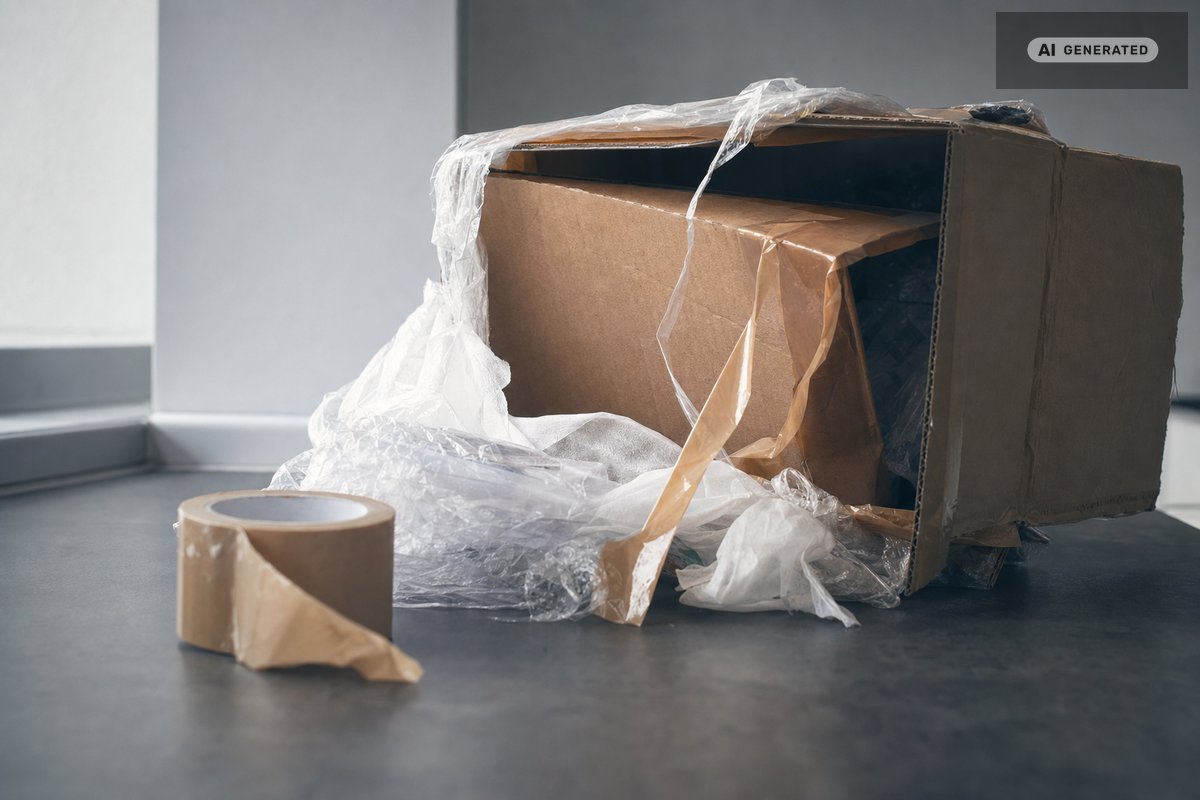 Un carton d’expédition éventré posé sur le sol contre un mur clair, du film plastique froissé s’en échappant et un rouleau de ruban adhésif devant (image générée par IA)