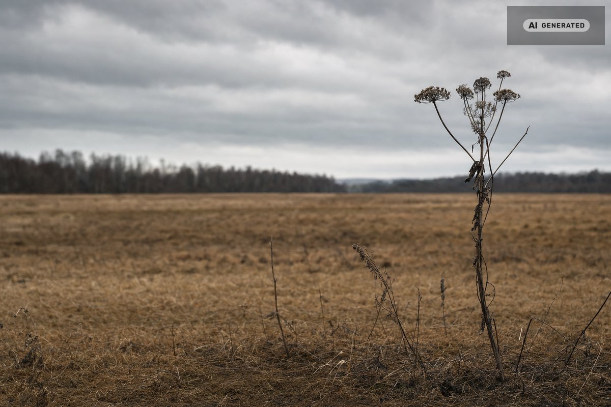 Une vaste plaine d’herbe hivernale jaunie sous un ciel gris chargé, une tige sèche au premier plan et une lisière d’arbres à l’horizon (image générée par IA)
