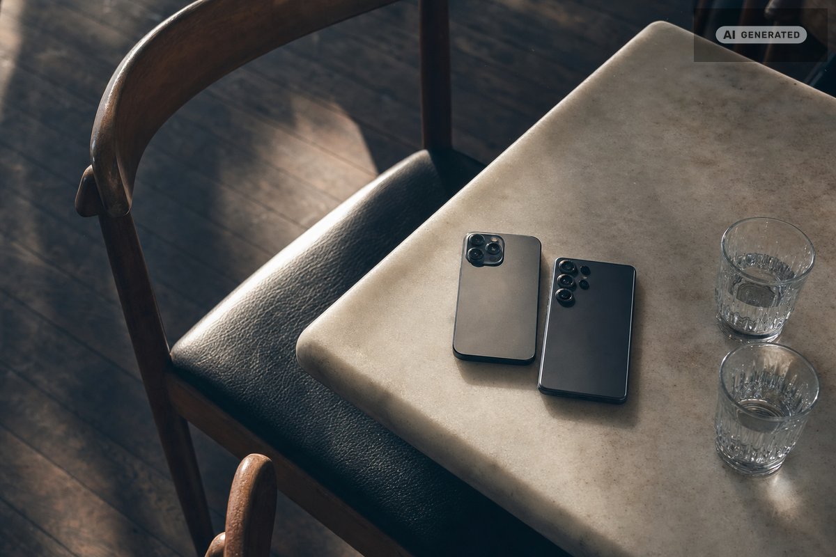 Deux téléphones retournés écran contre une table de café à côté de deux verres d’eau, une chaise en bois vide au premier plan (image générée par IA)