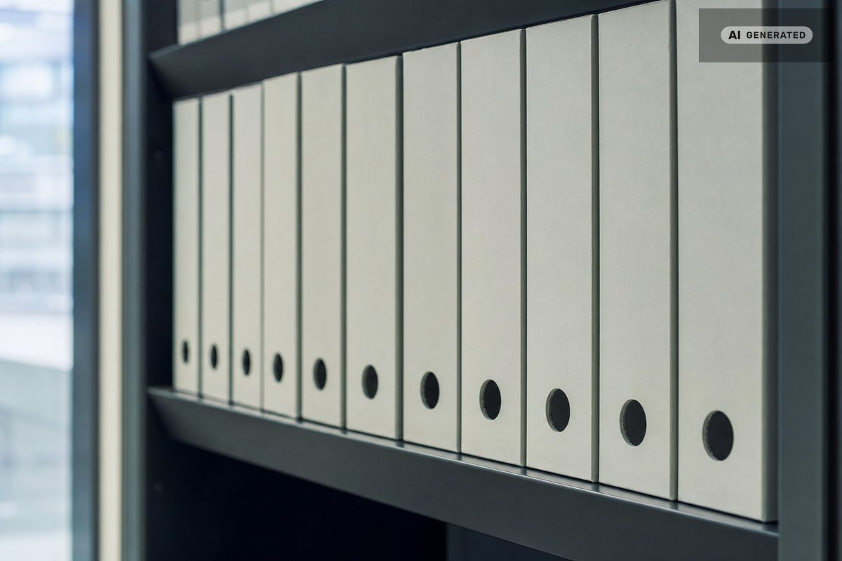 Une rangée serrée de classeurs d’archives clairs alignés sur une étagère métallique, leurs dos vierges, devant une fenêtre (image générée par IA)