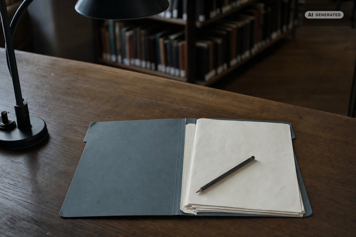 A folder of unmarked papers open on a wooden desk with a pencil across it, an angled lamp at the left and blurred shelves behind (AI-generated image)